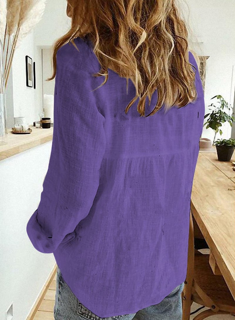 Astylish Linen Top for Women Solid Color Lightweight Comfy Blouses & Button-Down Shirts Purple XX-Large - Image 2