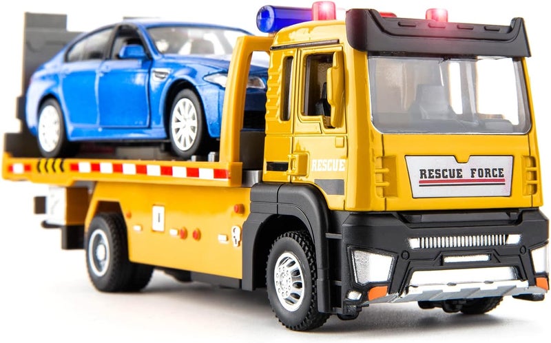 BDTCTK Friction Powered Flatbed Truck Toy with Lights and Sounds, Push and Go Construction Toy Tow Truck Great Gift for Toddlers, Boys and Girls - Image 1