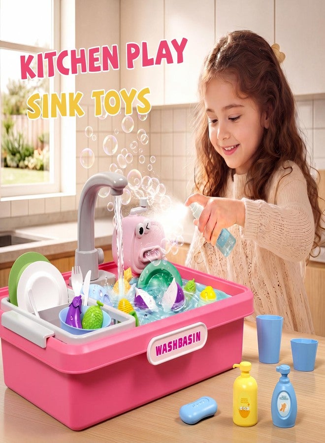MEWOCHEE Play Sink with Running Water,Kitchen Play Sink Toys for Boys,Upgraded Real Faucet and Play Dishes,Pretend Role Play Toys for Girls Boys,Birthday Gifts for Kids 3-5,Practice Cleaning,Pink - Image 2