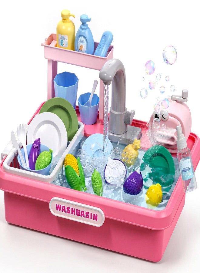 MEWOCHEE Play Sink with Running Water,Kitchen Play Sink Toys for Boys,Upgraded Real Faucet and Play Dishes,Pretend Role Play Toys for Girls Boys,Birthday Gifts for Kids 3-5,Practice Cleaning,Pink - Image 1