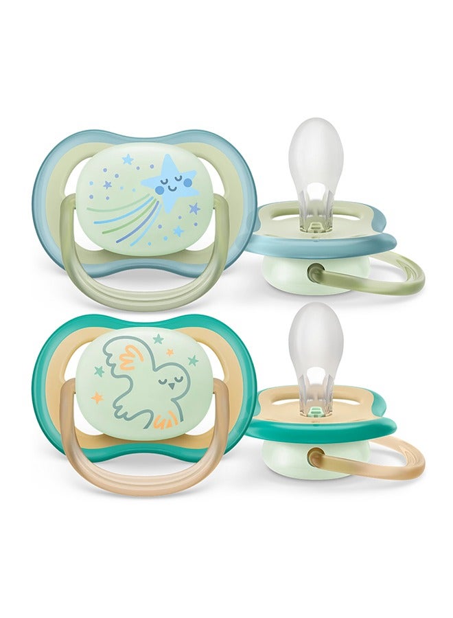 Soother Ultra Air Nighttime 0-6M For Boys, 2 Pieces | No.1 Brand Recommended by Moms Worldwide | Glows in the dark |Light |Breathable |BPA free |Orthodontic with Sterilization Case