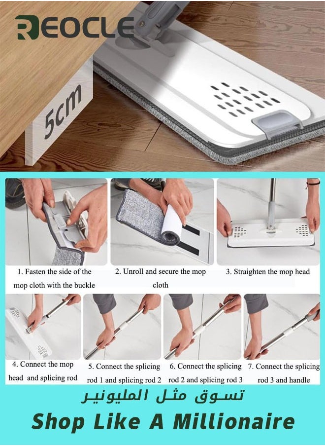 REOCLE - Mop Floor Cleaning Mop and Bucket Set Flat Floor Mop with 10pc Reusable Microfiber Mop Pads & 130cm Long Handle Cleaning Home Kitchen Cleaning for Wet and Dry Use - Image 1