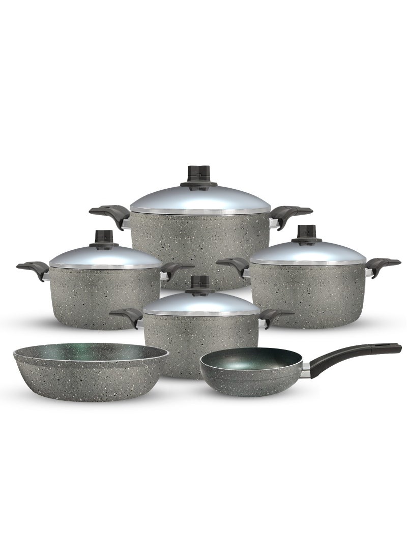 trueval Premium Granite 10-Piece Set (18-20-24-28cm Pots, 26cm Frying Pan, 26cm Oven Tray) Stainless Steel Lid