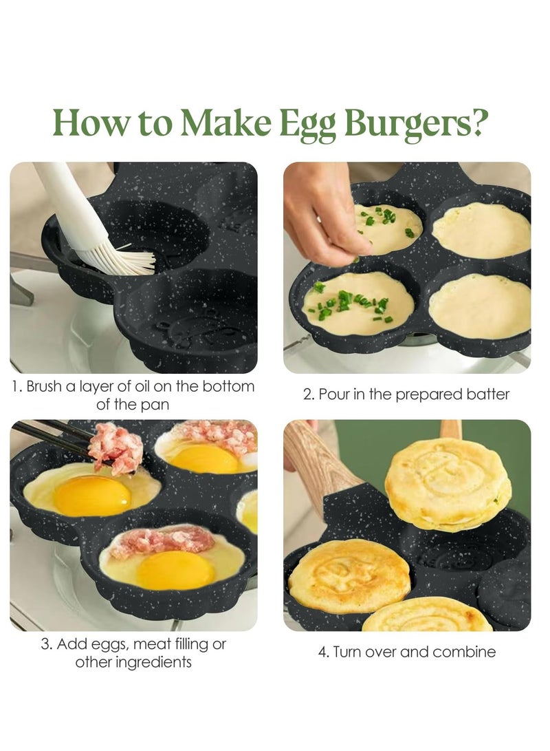 4 Cup Nonstick Omelette Skillet,Healthy Breakfast Pancake Pan,Aluminum 4 Cup Egg Frying Pan Non Stick Egg Cooker Pan Pancake Pan Easy Clean Wooden Handle For Gas Stove (Smiley Version, Black) - Image 2