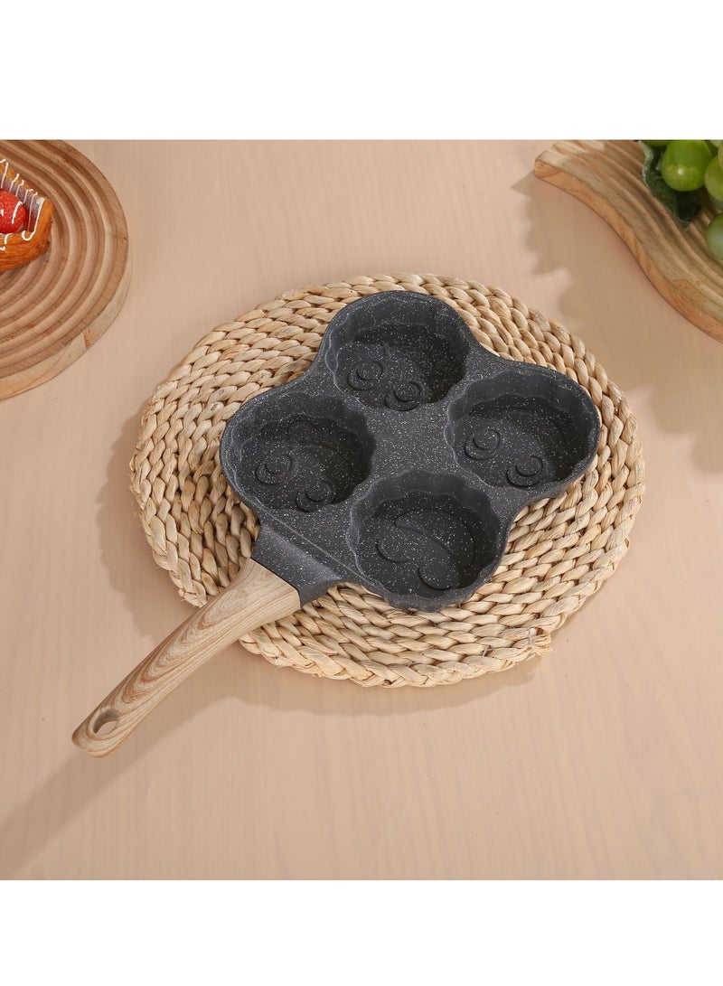 4 Cup Nonstick Omelette Skillet,Healthy Breakfast Pancake Pan,Aluminum 4 Cup Egg Frying Pan Non Stick Egg Cooker Pan Pancake Pan Easy Clean Wooden Handle For Gas Stove (Smiley Version, Black) - Image 1