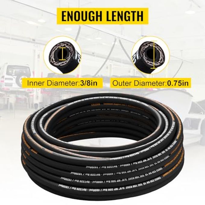 VEVOR Hydraulic Hose 3/8 Inch x 100 Ft, 4800 PSI Coiled With 2 High-Tensile Steel Wire Braid, Bulk Rubber Flexible Oil Hose20C to 140C - Image 3