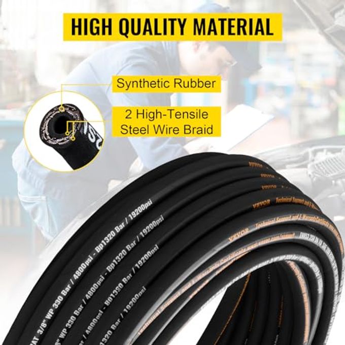 VEVOR Hydraulic Hose 3/8 Inch x 100 Ft, 4800 PSI Coiled With 2 High-Tensile Steel Wire Braid, Bulk Rubber Flexible Oil Hose20C to 140C - Image 2