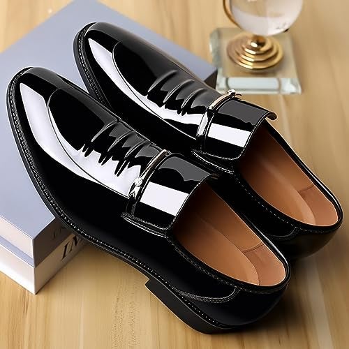 Fenlogft Men's Premium Patent Leather Wedding Oxfords Shoes, Business Formal Classic Office Dress Shoes Pointed Toe Low-Top (Black,9.5) - Image 3