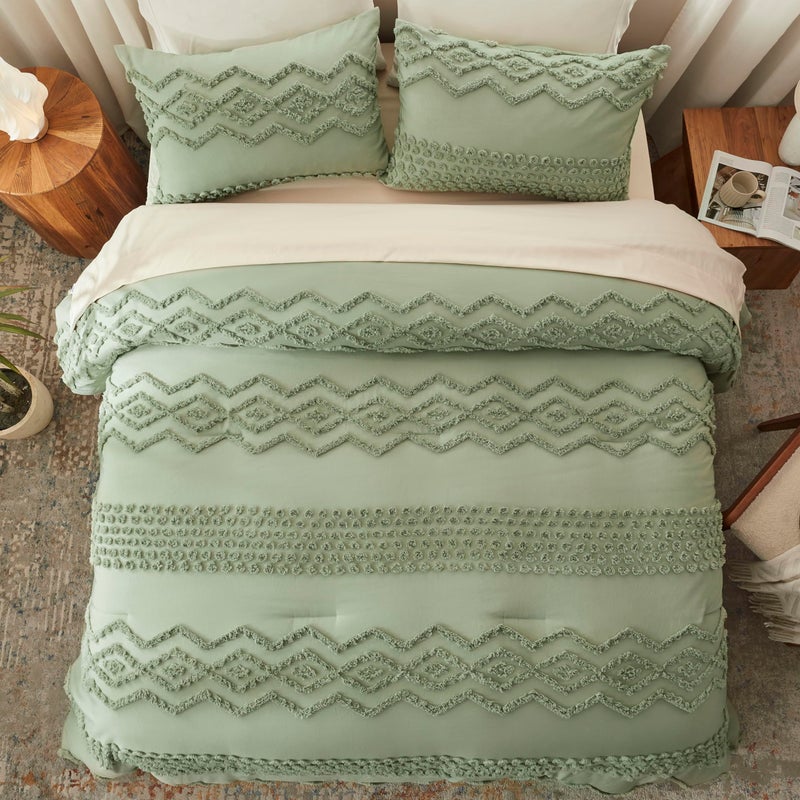 Luxudecor Sage Green Tufted Comforter Set King Size 3 Pieces Boho Shabby Chic Comforter Farmhouse Embroidery Bedding Set Soft Comforter for All Seasons (Sage Green, 104''x90'') - Image 4