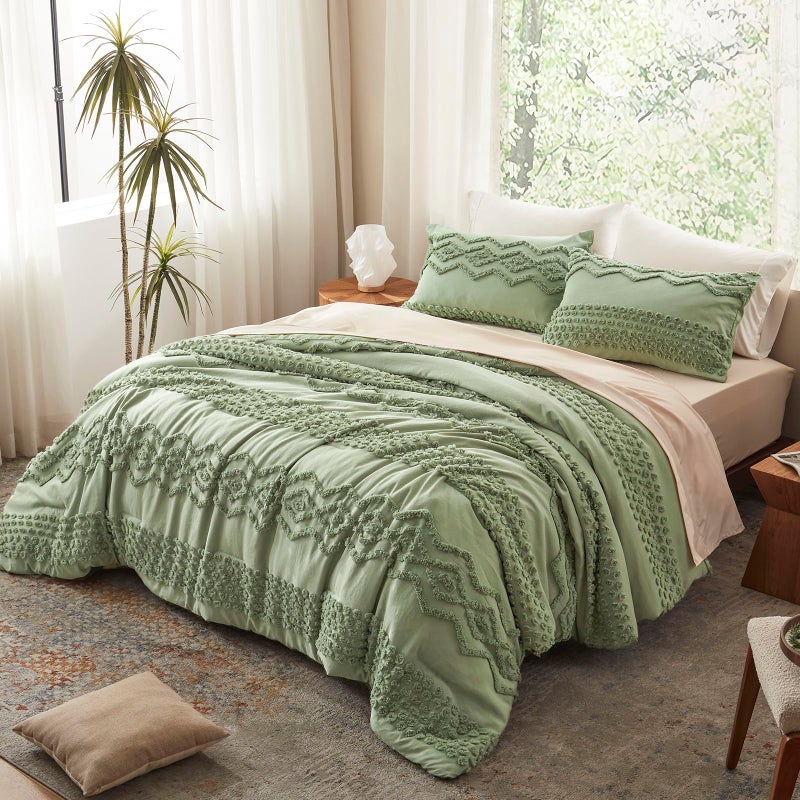 Luxudecor Sage Green Tufted Comforter Set King Size 3 Pieces Boho Shabby Chic Comforter Farmhouse Embroidery Bedding Set Soft Comforter for All Seasons (Sage Green, 104''x90'') - Image 3