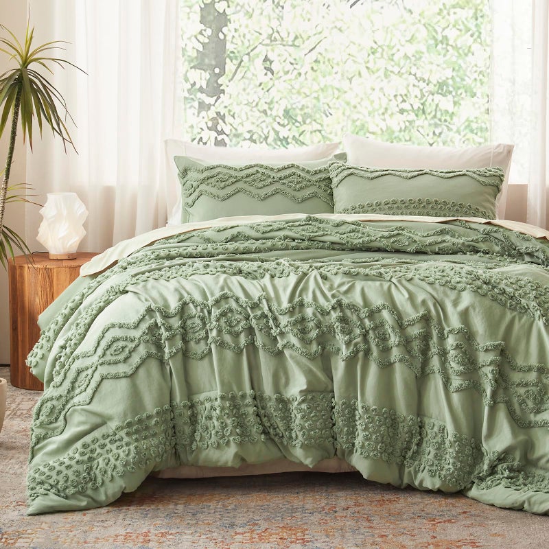 Luxudecor Sage Green Tufted Comforter Set King Size 3 Pieces Boho Shabby Chic Comforter Farmhouse Embroidery Bedding Set Soft Comforter for All Seasons (Sage Green, 104''x90'') - Image 1