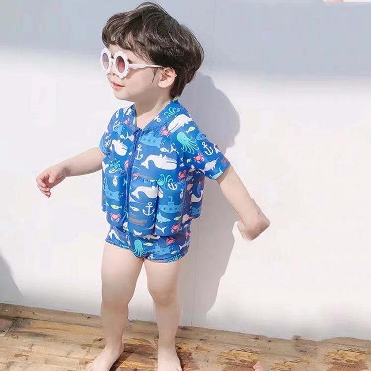 Generic Kids Cartoon One-Piece Swimsuit Float Suit Buoyancy Blue Ribbon Hat 