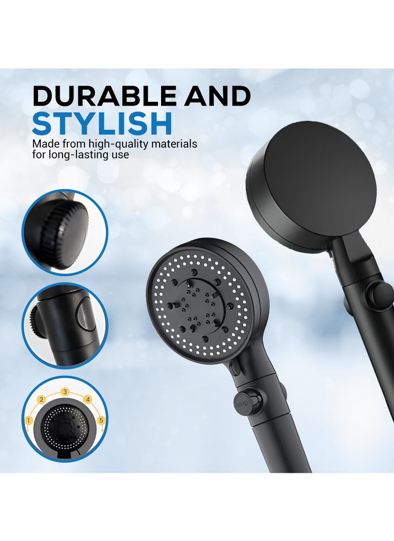 DANEEN - 5-Function Adjustable High-Pressure Shower Head - Chlorine Removal, Ionic Handheld & Spa-Like Experience Luxury- Includes Teflon Tape & 1.5m Hose (BLACK) - Image 1