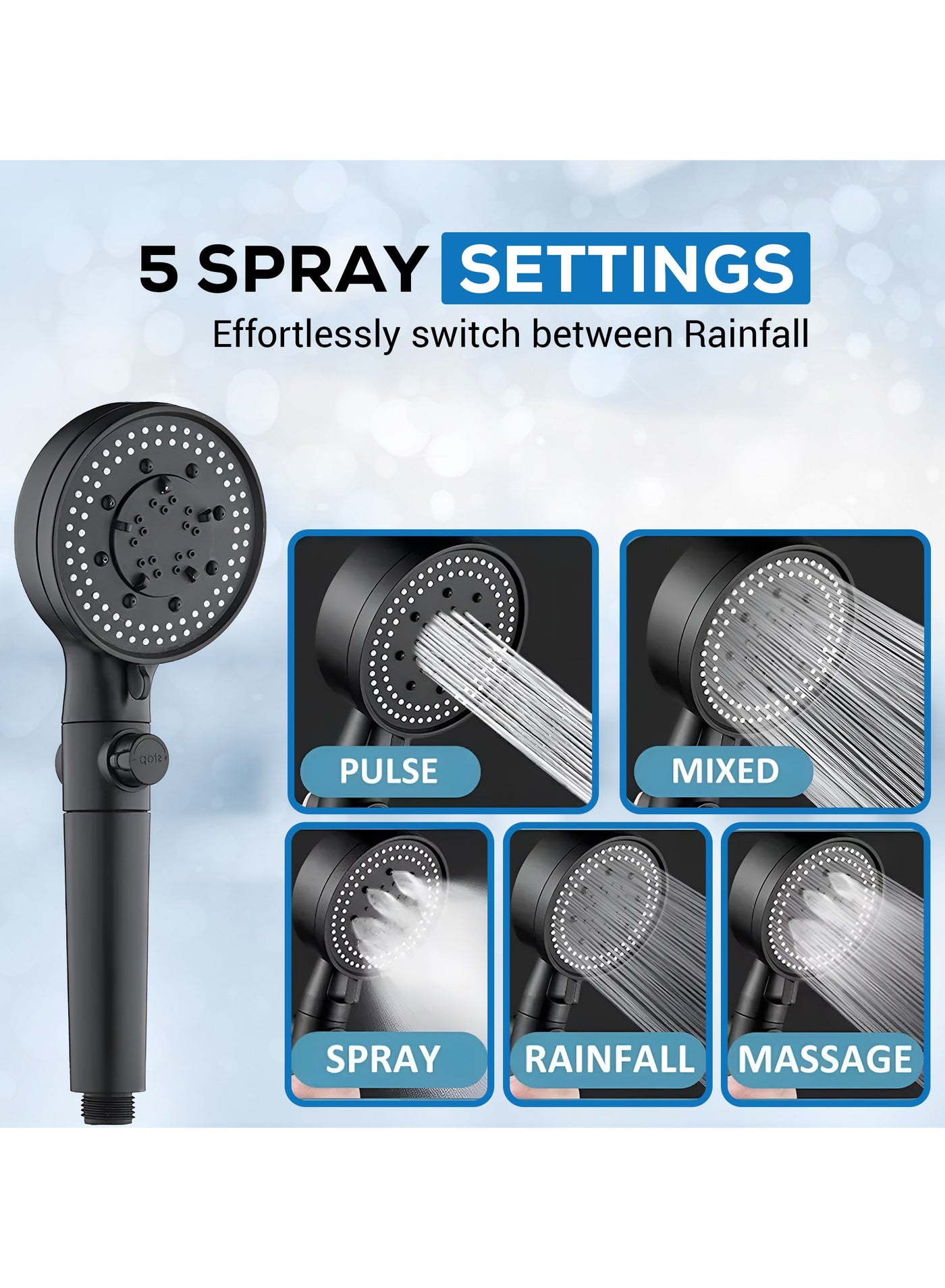 5-Function Adjustable High-Pressure Shower Head - Chlorine Removal, Ionic Handheld & Spa-Like Experience Luxury- Includes Teflon Tape & 1.5m Hose (BLACK)