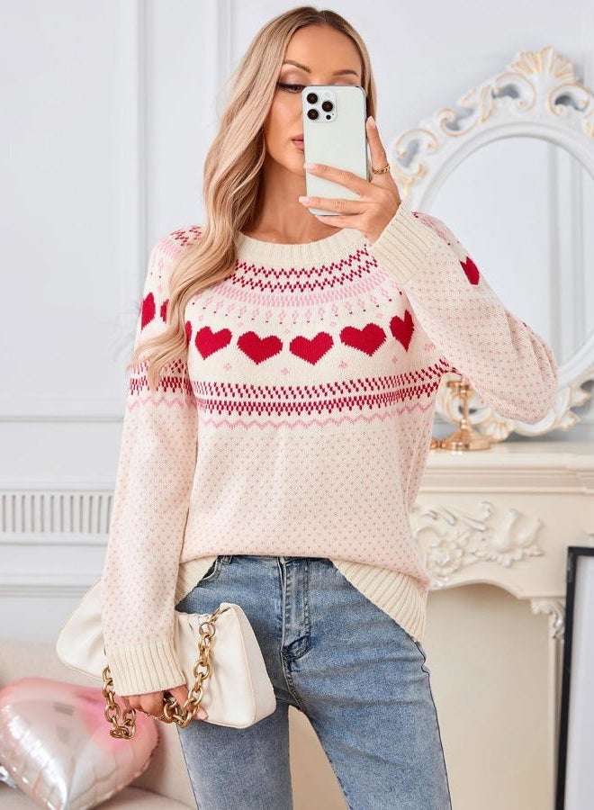 shermie Women's Fair Isle Pullover Sweaters Long Sleeve Crew Neck Loose Casual Knit Sweater, 414 Beige, L - Image 3