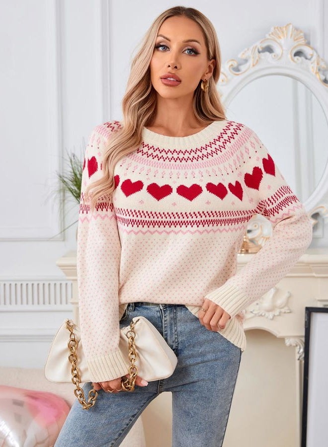 shermie Women's Fair Isle Pullover Sweaters Long Sleeve Crew Neck Loose Casual Knit Sweater, 414 Beige, L - Image 2
