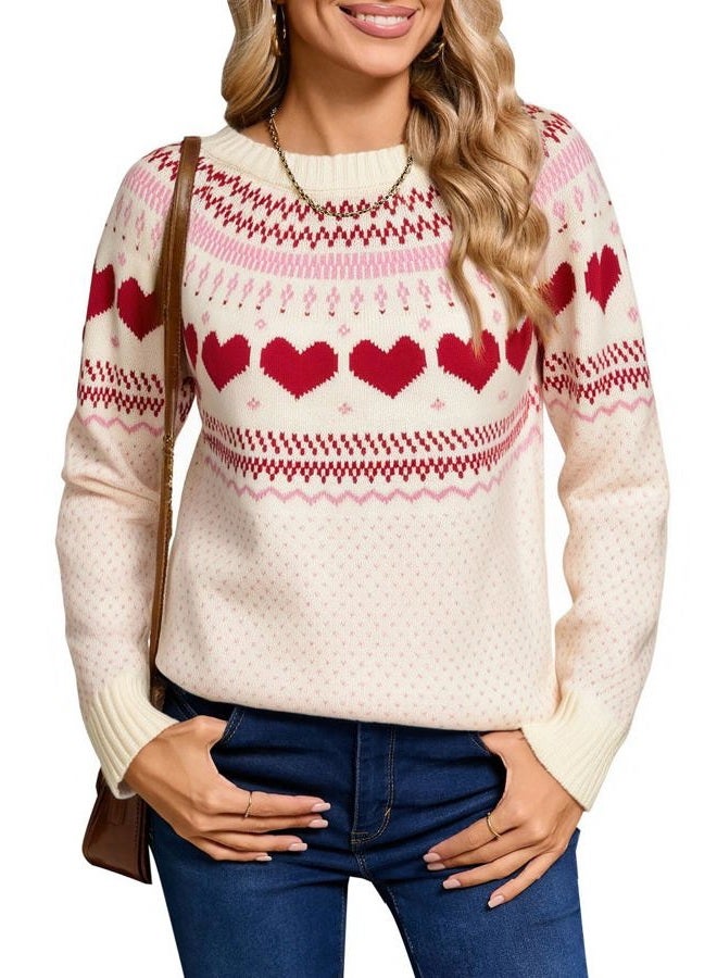 shermie Women's Fair Isle Pullover Sweaters Long Sleeve Crew Neck Loose Casual Knit Sweater, 414 Beige, L - Image 1