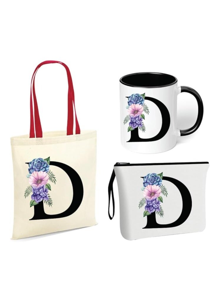 PRINTSHOP4ME Initial Letters Canvas Cotton Tote Bag With Red Handle and Cosmetic pouch for girls - Mug gifts - Pack of 3 Combo set -Giftset for wedding - Gifts for girls - Gift for friends - Image 1