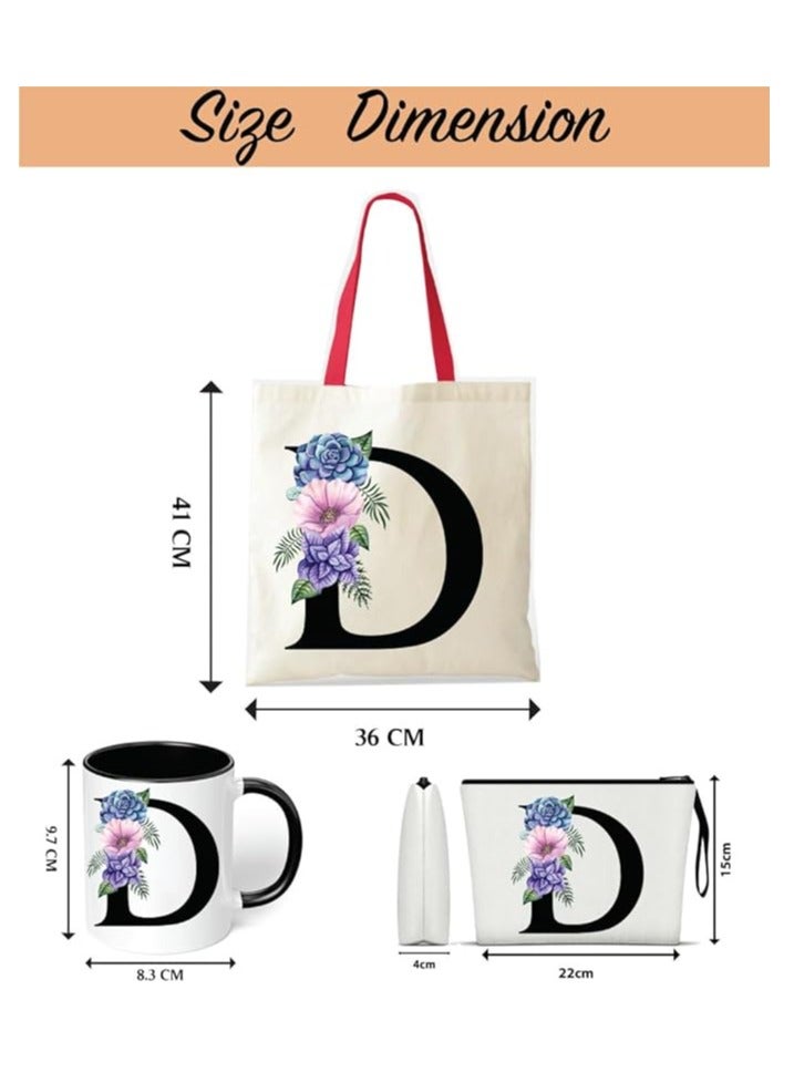 PRINTSHOP4ME Initial Letters Canvas Cotton Tote Bag With Red Handle and Cosmetic pouch for girls - Mug gifts - Pack of 3 Combo set -Giftset for wedding - Gifts for girls - Gift for friends - Image 3