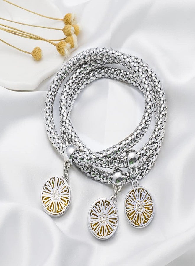 SILANER Crystal Charms Multilayer Bracelets - 3PCS Gold/Silver/Rose Gold Corn Chain Bracelet for Women, Tree of Life Heart Shaped Stretch Bracelet, 7.5 inches, Copper, crystal - Image 5