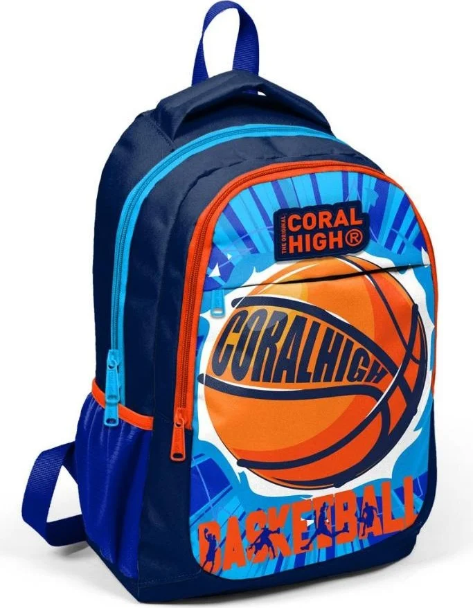 CORAL HIGH Kids Navy Blue Basketball Ball Patterned USB 2-Piece School Bag Set GOSET0224318