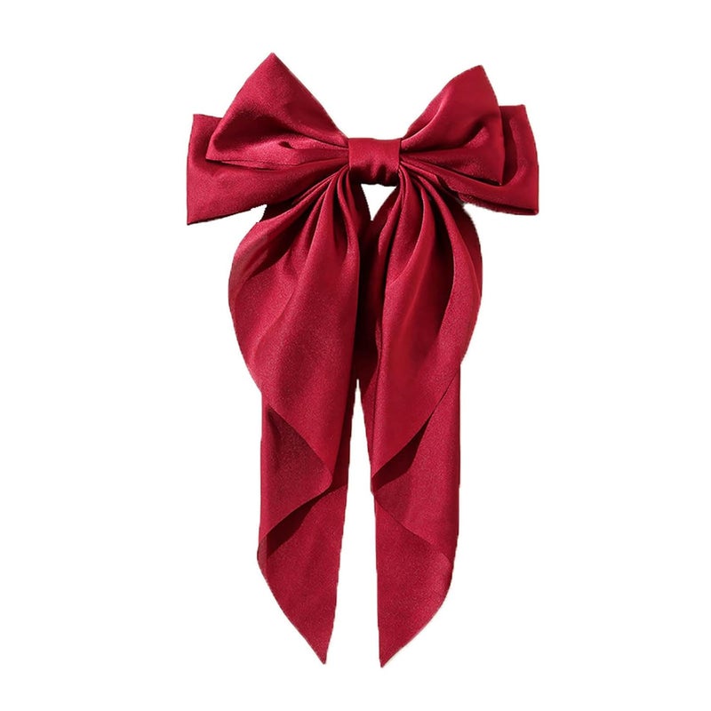 Super Big Bow Hair Clips French Style Soild Color Knotted Bowknot Spring Snap Barrettes Hair Clips with Long Ribbon for Women Girls Wine Red