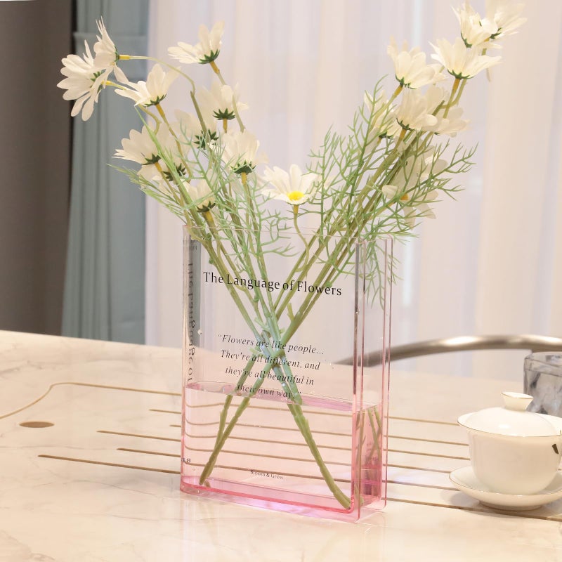 Alpharan Book Vase for Flowers Home Decor, Acrylic Clear Book-Shaped Flower Vase with Artistic and Cultural Flavor for Home and Office, Pink Small Vases for Centerpieces,Gifts for Book Lovers - Image 1