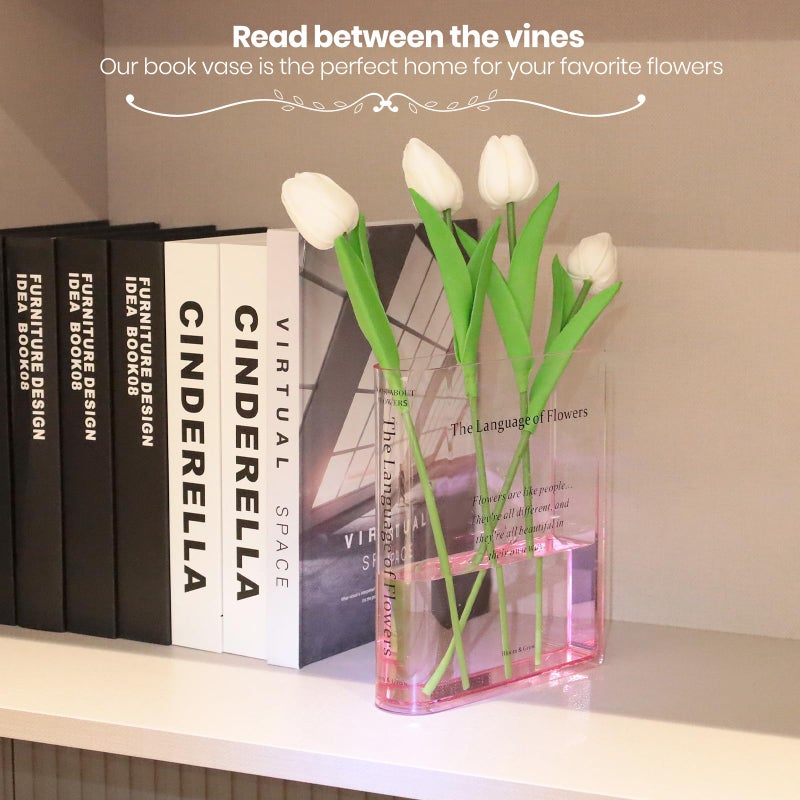 Alpharan Book Vase for Flowers Home Decor, Acrylic Clear Book-Shaped Flower Vase with Artistic and Cultural Flavor for Home and Office, Pink Small Vases for Centerpieces,Gifts for Book Lovers - Image 3
