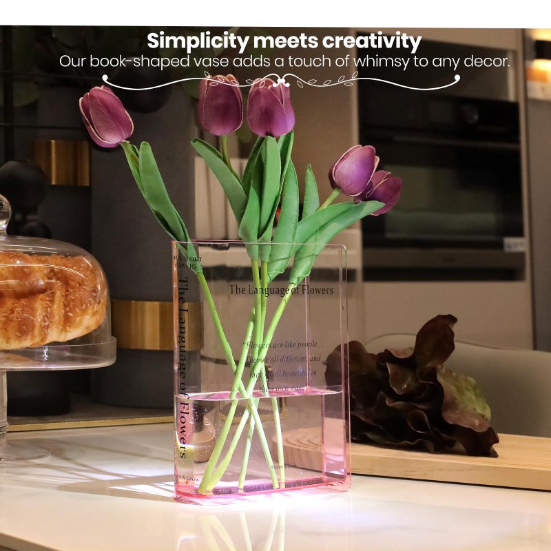 Alpharan Book Vase for Flowers Home Decor, Acrylic Clear Book-Shaped Flower Vase with Artistic and Cultural Flavor for Home and Office, Pink Small Vases for Centerpieces,Gifts for Book Lovers - Image 2