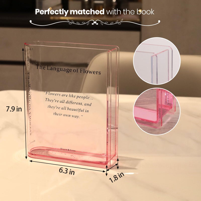 Alpharan Book Vase for Flowers Home Decor, Acrylic Clear Book-Shaped Flower Vase with Artistic and Cultural Flavor for Home and Office, Pink Small Vases for Centerpieces,Gifts for Book Lovers - Image 5
