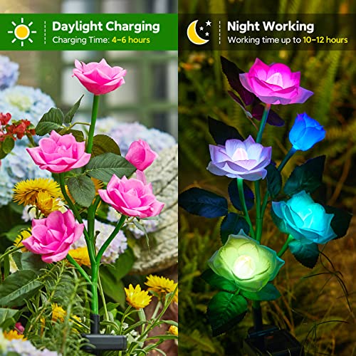 RECHOO Solar Garden Lights - 6 Pack Upgraded Garden Decor with 30 Rose Flowers, 7 Color Changing Waterproof Solar Flowers for Outside Yard Pathway Decoration - Image 2
