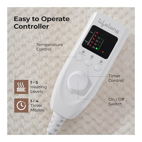 Lifelong Electric Under Blanket for Double Bed (180 x 160 cm) | Soft Fleece | Safe Heating Blanket Bed Warmer | 1-5 Temp Level & 1-10 hrs Timer | Detach & Wash | Heats After You Sleep/Sit Over It - Image 4
