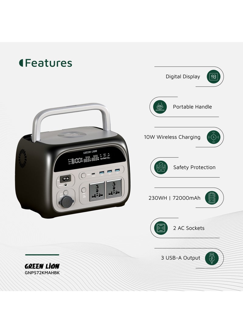 GREEN LION Portable Power Station 72000mAh 600W / Power Generator / Portable Handle / Digital Display / Safety Protection / 10W Wireless Output / AC Sockets / USB-A &Type-C Output / Outdoor Power Bank with LED Light - Black  - Image 2