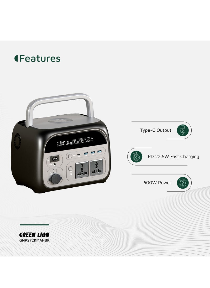 GREEN LION Portable Power Station 72000mAh 600W / Power Generator / Portable Handle / Digital Display / Safety Protection / 10W Wireless Output / AC Sockets / USB-A &Type-C Output / Outdoor Power Bank with LED Light - Black  - Image 3