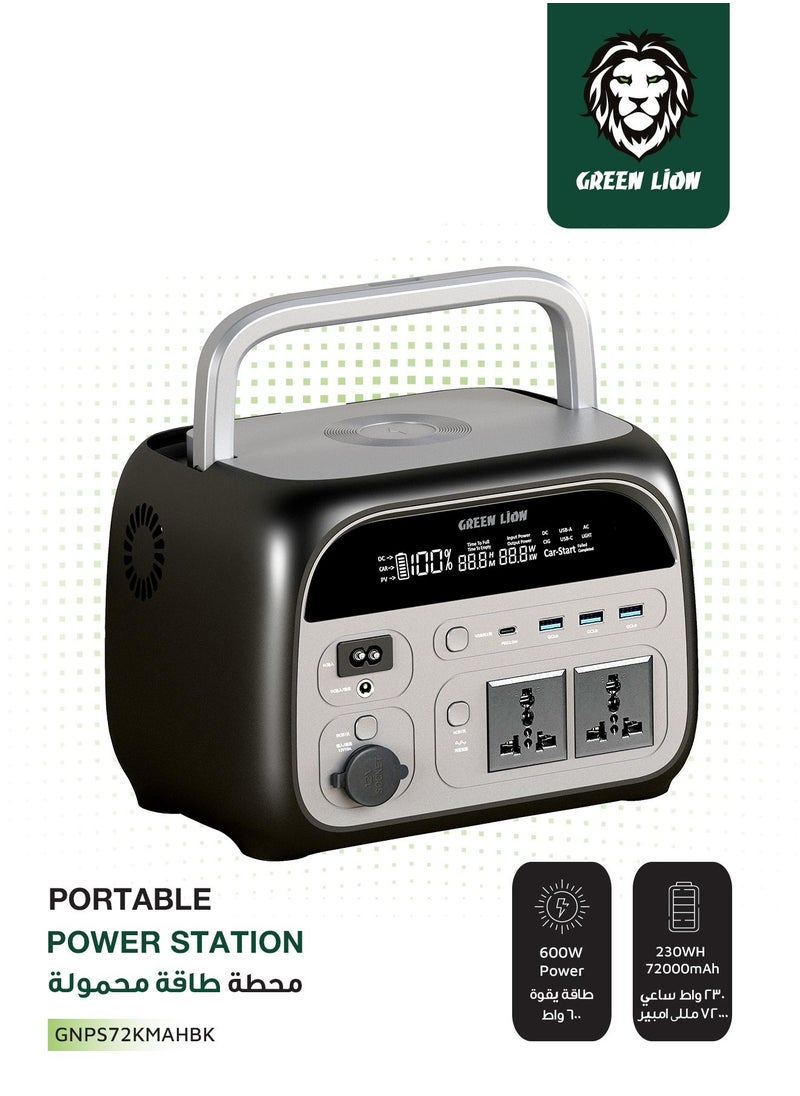 GREEN LION Portable Power Station 72000mAh 600W / Power Generator / Portable Handle / Digital Display / Safety Protection / 10W Wireless Output / AC Sockets / USB-A &Type-C Output / Outdoor Power Bank with LED Light - Black  - Image 1
