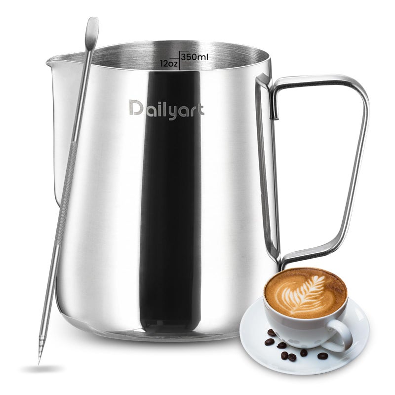 DAILY ART Milk Frothing Pitcher Dailyart 12oz350ml Milk Frother Cup 304 Stainless Steel Milk Steamer Cup with Scale Espresso Machine Accessories Milk Pitcher with Art Pen for Cappuccino Coffee Latte Art