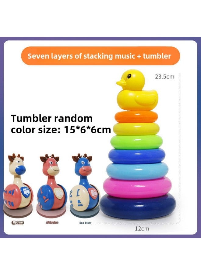 Baby Development Intelligence Rainbow Tower Ring Stacking Music Early Education 0-1-2 Years Old Baby Tumbler Toy-Color:7 Layers Of Stacking Music + Tumbler - Image 1
