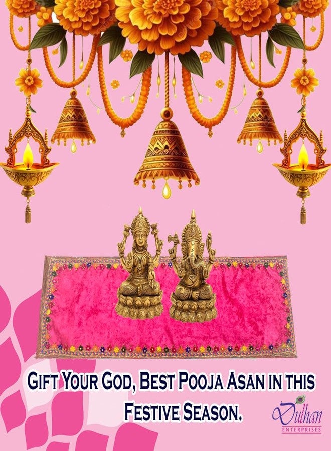 Dulhan Divine Pooja Cloth for Mandir |Pack of 2| Long Size Puja Aasan, 10x30 Inch, Pink Velvet Altar Cloth for Puja Table, Chowki, Puja Cloth for God Idol Sitting|Mandir Ka Kapda for Baithak Mat - Image 2