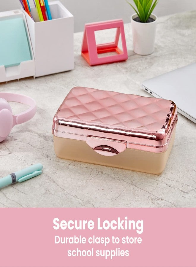It's Academic Metallic Pencil Case Box, Hard Plastic, Stylish Quited-Pattern Lid, Rose Gold - Image 3