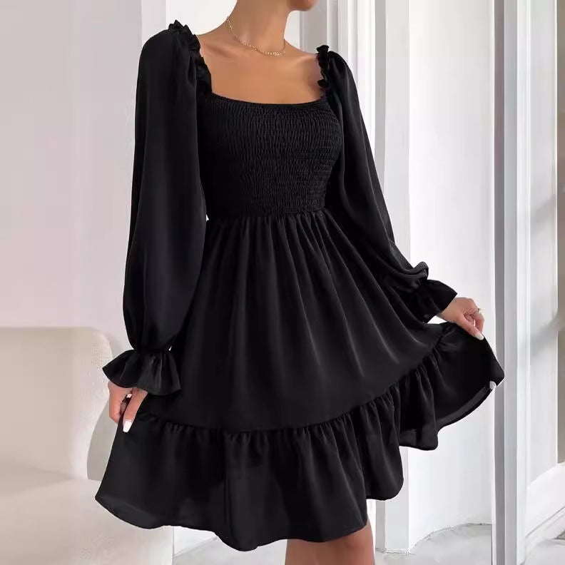 2025 Collar Parallel Crepe Sewing Garment Body Flounce Hem Dress - Image 3