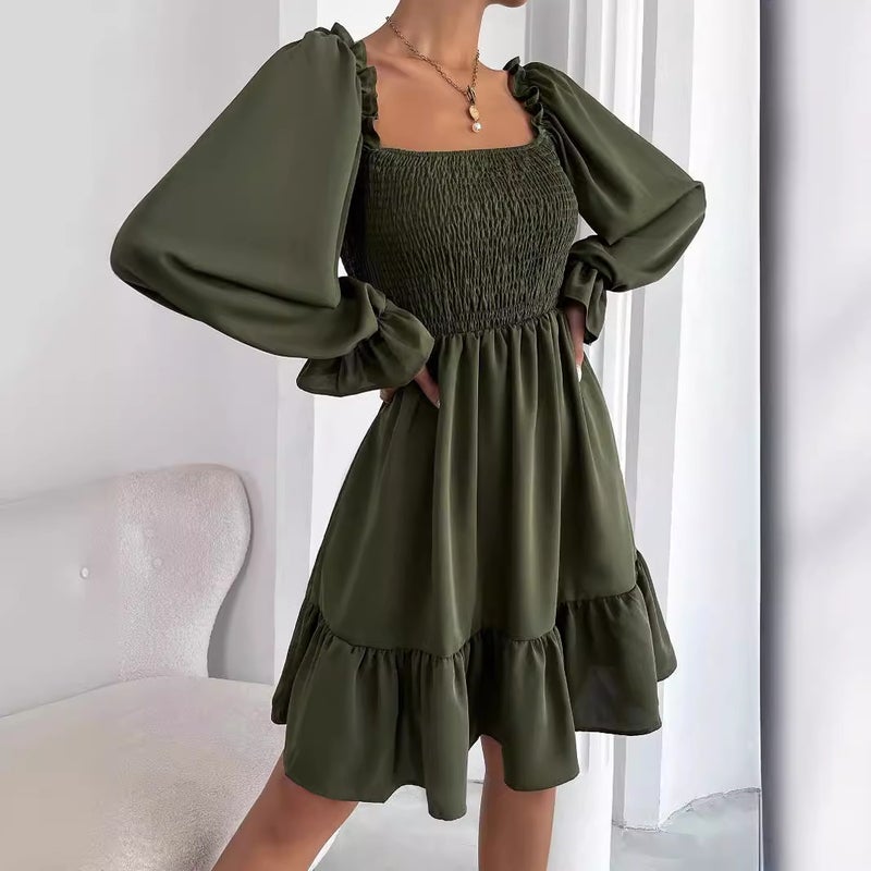 2025 Collar Parallel Crepe Sewing Garment Body Flounce Hem Dress - Image 4