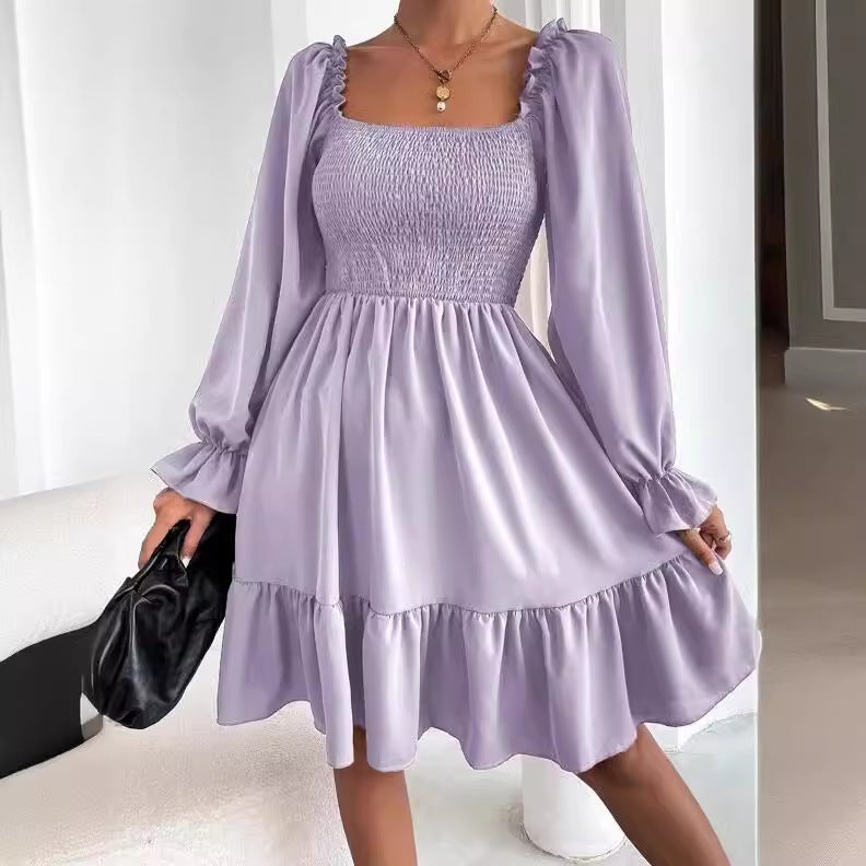 2025 Collar Parallel Crepe Sewing Garment Body Flounce Hem Dress - Image 5