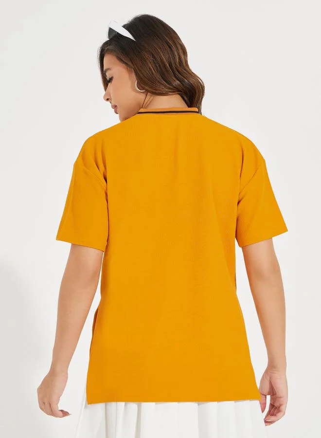 Styli Oversized Contrast Neck Rib Embroidered T-Shirt