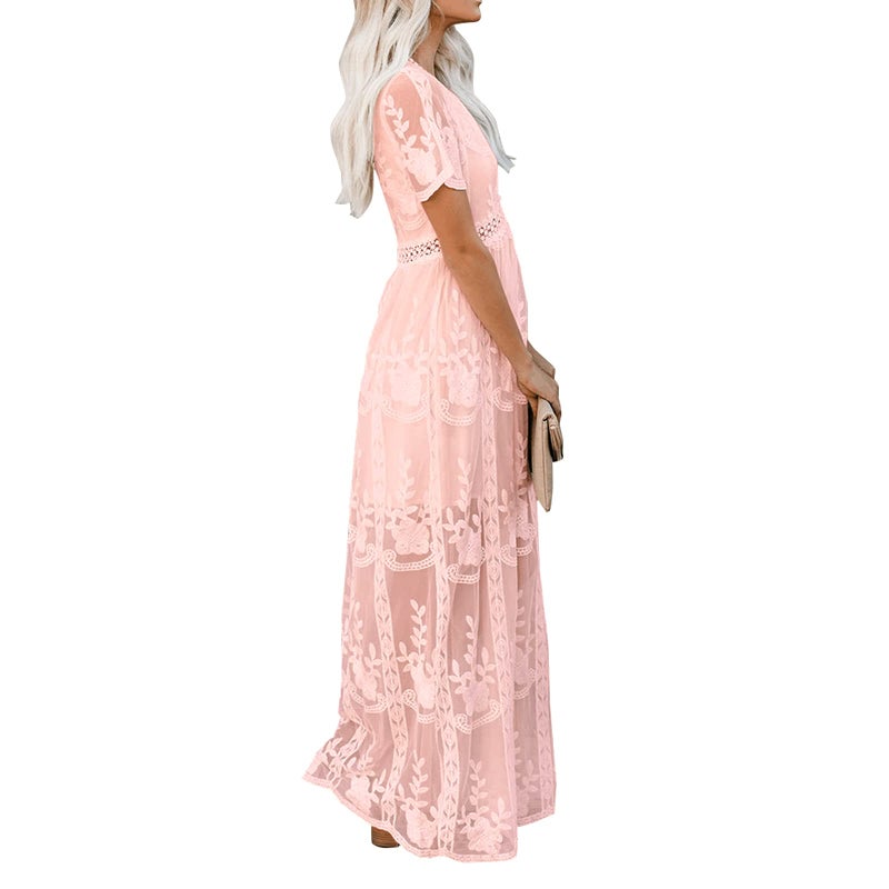 amropi Womens Deep V Neck Short Sleeve Floral Lace Dress Long Bridesmaid Maxi Dresses Pink,L - Image 5