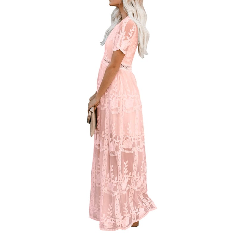 amropi Womens Deep V Neck Short Sleeve Floral Lace Dress Long Bridesmaid Maxi Dresses Pink,L - Image 4