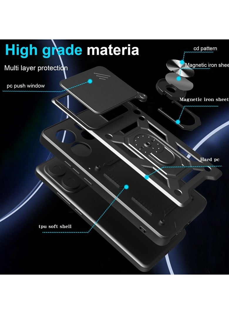 for OPPO A5 Pro 5G Case Cover, Slide Camera Lens Cover, Magnetic Ring Holder Kickstand Protective Phone Case for OPPO A5 Pro 5G, Black
