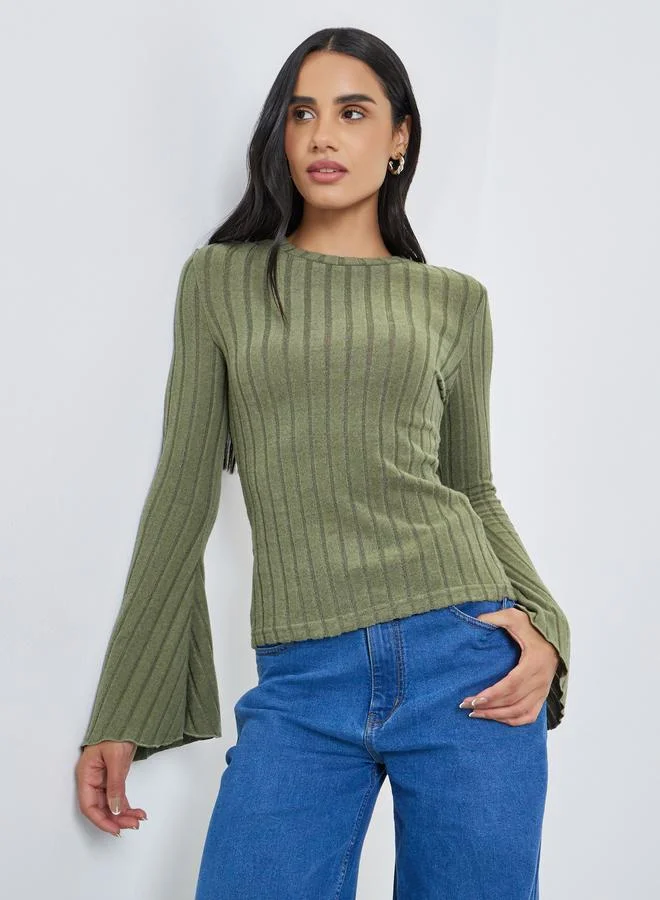 Styli Styli Textured Flared Long Sleeve Knit Top