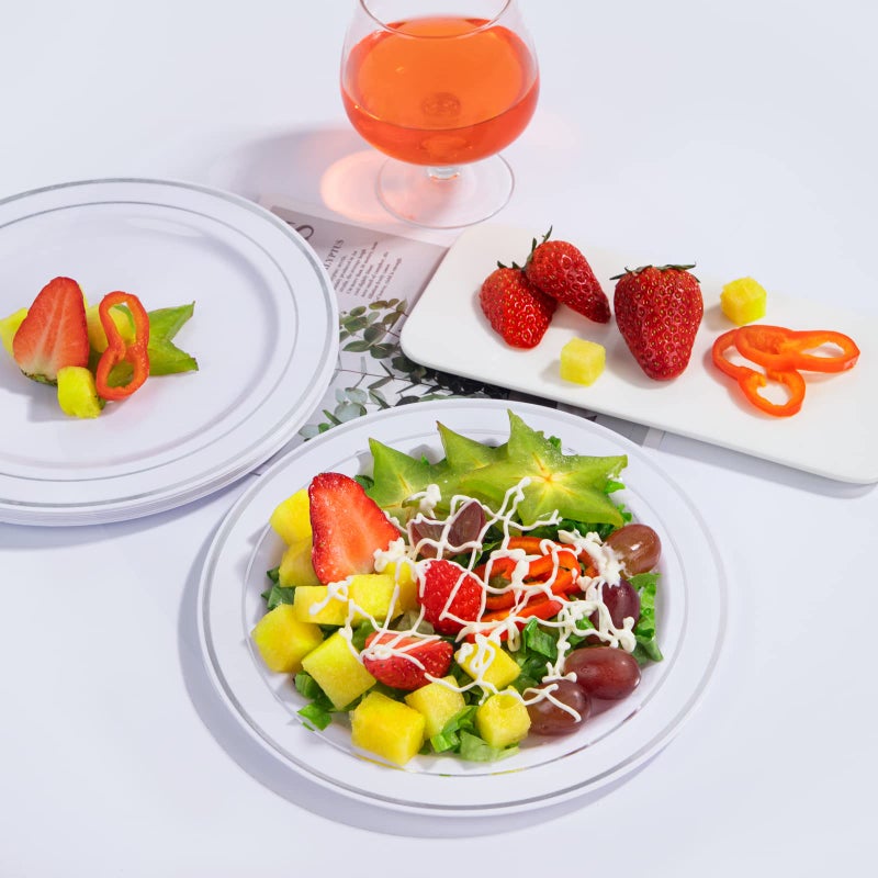 bUCLA 100Pieces Silver Rim Plastic Plates - 7.5inch Silver Salad/Dessert Plates Disposable - Ideal for Weddings Parties&Christmas - Image 2