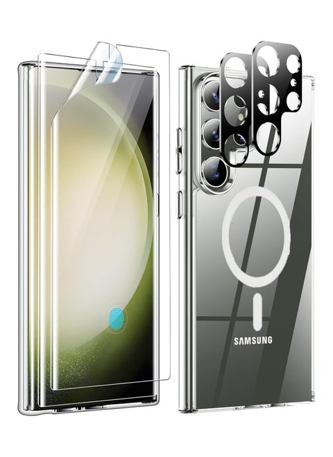 5 in 1, Magnetic Clear Case for Samsung Galaxy S24 Ultra, with 2 Camera Lens Protector+2 Soft Screen Protector, Anti-Yellowing，Military Grade Shockproof， Thin S24 Ultra Case (Clear, S24 Ultra)
