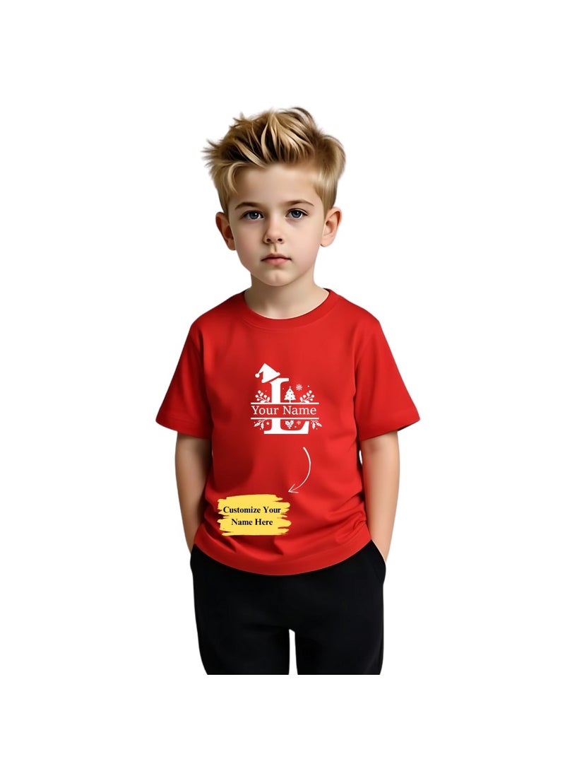 برينت شوب فور مي تي شيرت أحمر مطبوع عليه حروف أبجدية عيد الميلاد مخصصة للأولاد - تي شيرت للأطفال باسم مخصص - هدية احتفالية للعطلات - Image 1